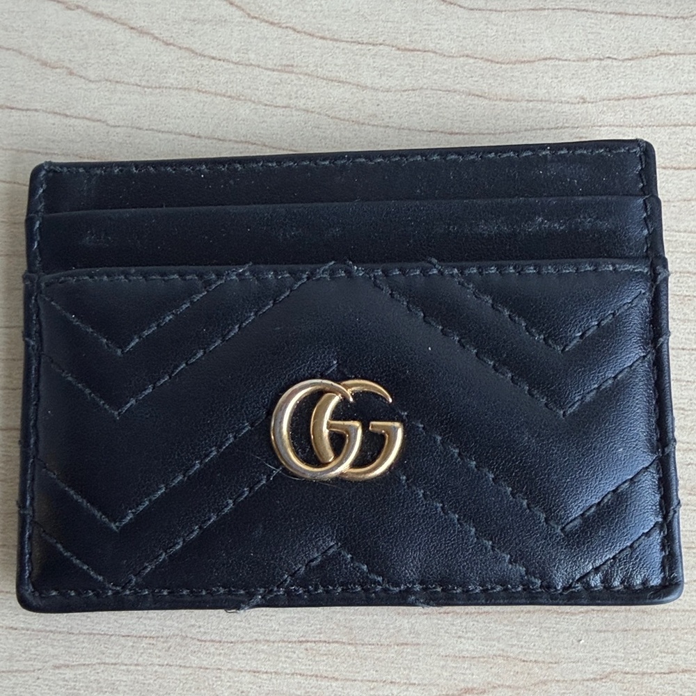 Gucci Black Quilted Leather Card Holder with Gold GG Emblem